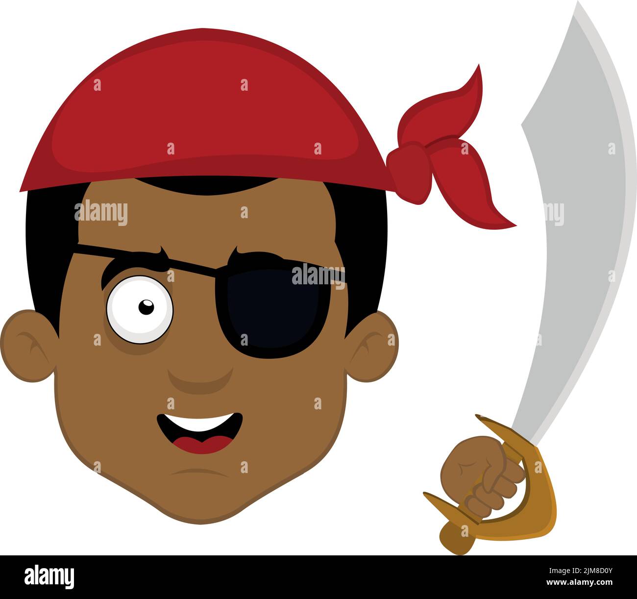 Vector illustration of the face of a cartoon pirate, with a headscarf, an eye patch and a sword in his hand Stock Vector