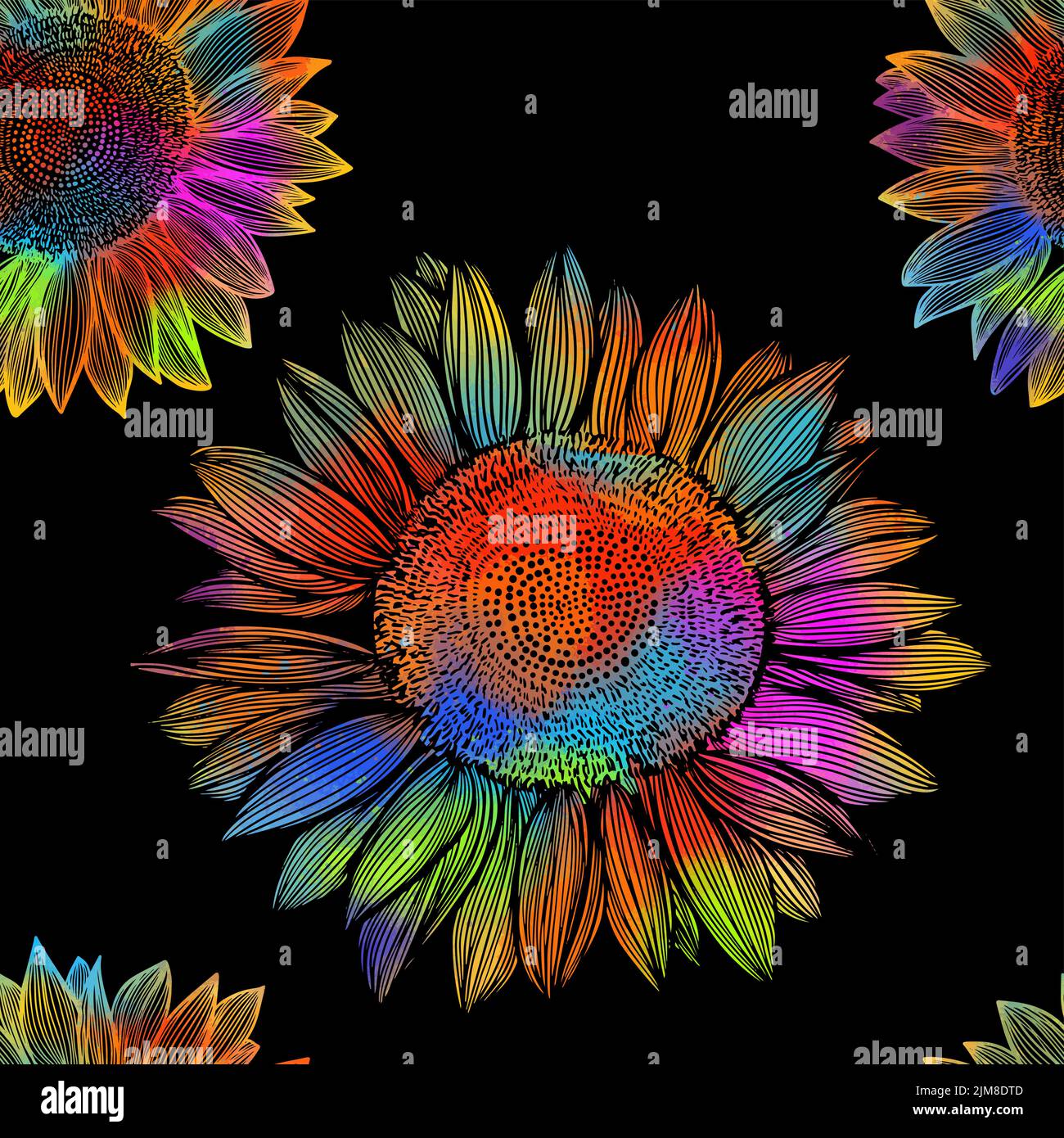 Multicolored sunflowers seamless pattern on a black background. Vector illustration Stock Vector