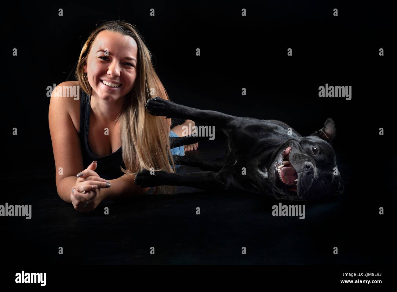 staffordshire bull terrier and woman in front of black background Stock Photo