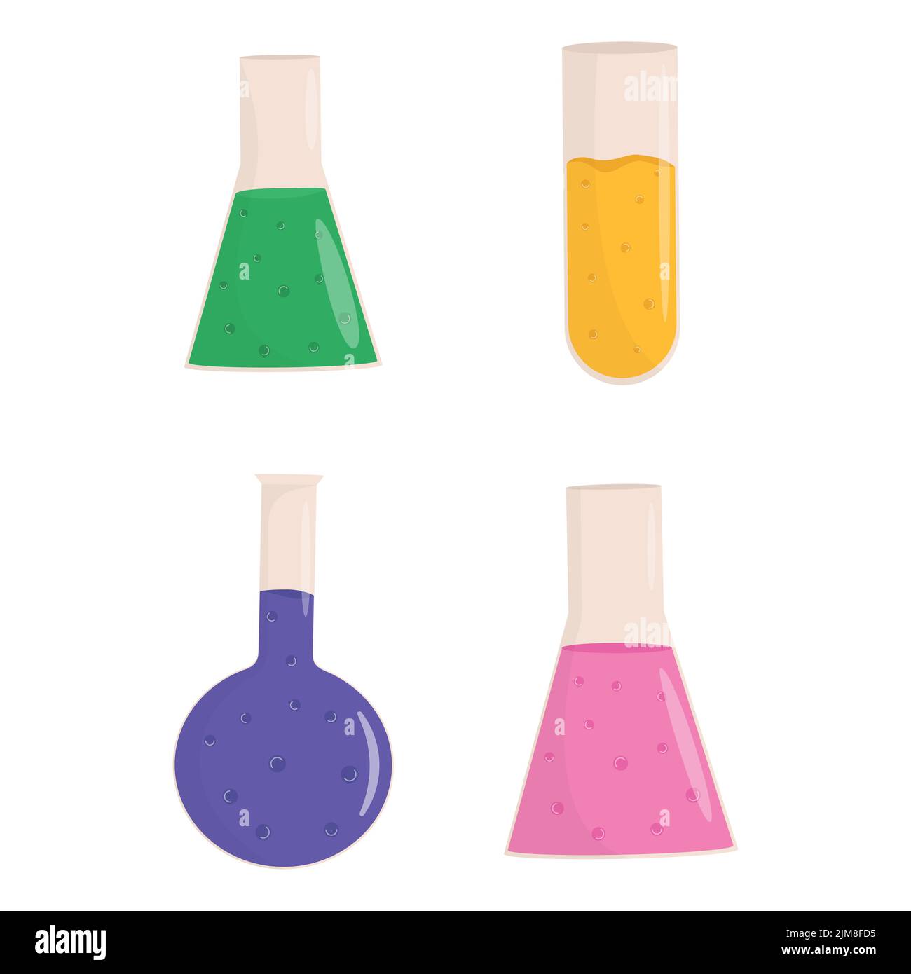 Multicolored chemical flasks isolated on white background. Stock Vector