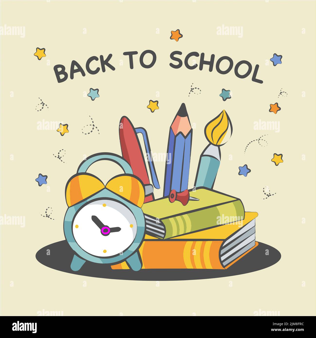 back to school background composition of books and alarm clock Stock ...
