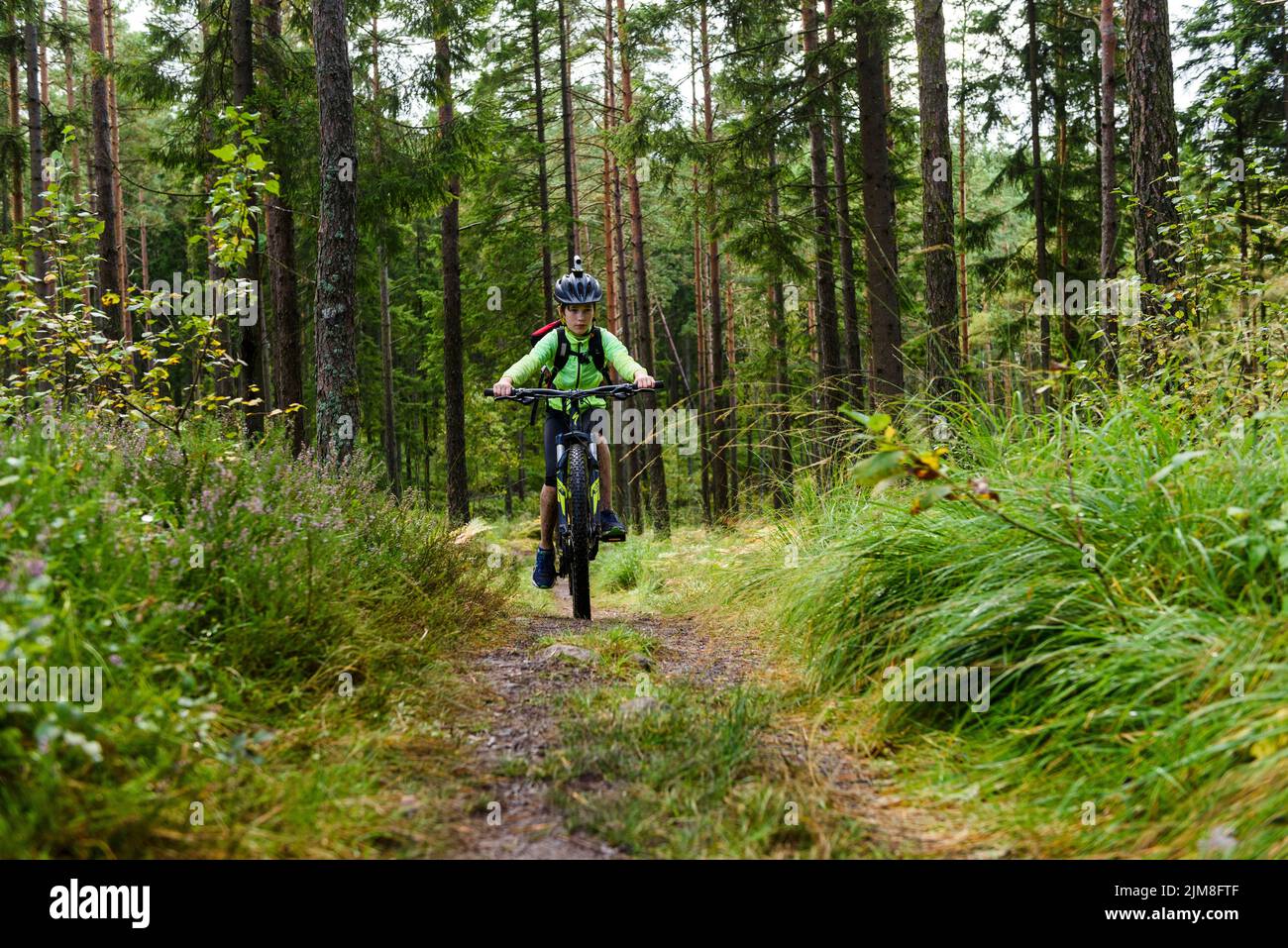 Young boy cycle mountain bike in forest Stock Photo