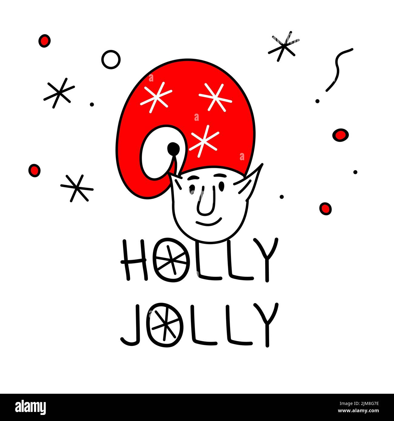 Merry Christmas avatars head elf or gnome and lettering HOLLY LOLLY. The xmas black and red vector illustration in doodle art style. Trendy hand drawn Stock Vector