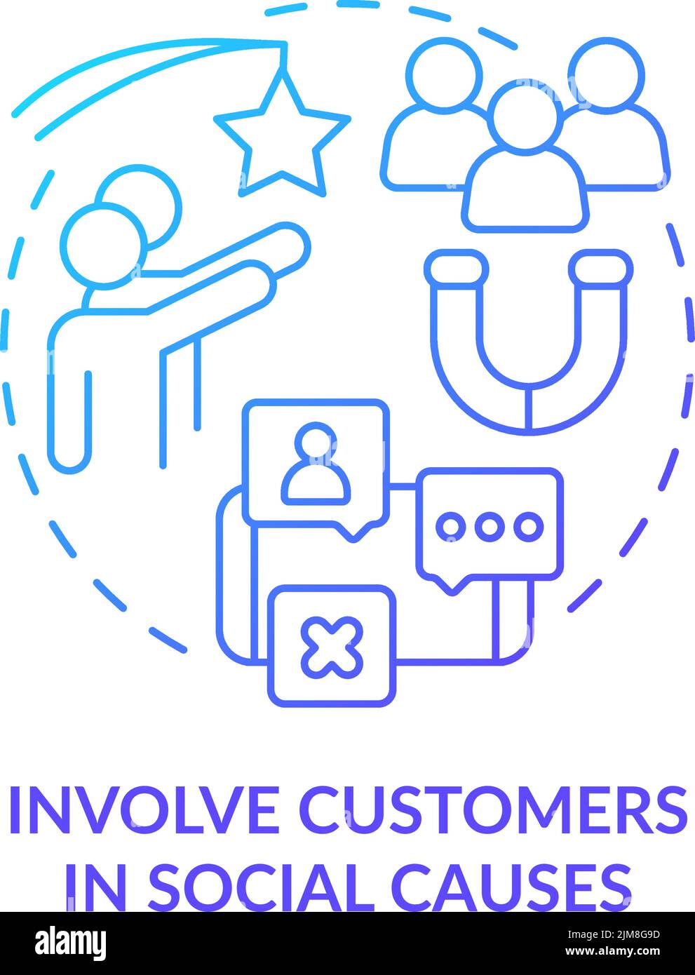 Involve customers in social causes blue gradient concept icon Stock Vector