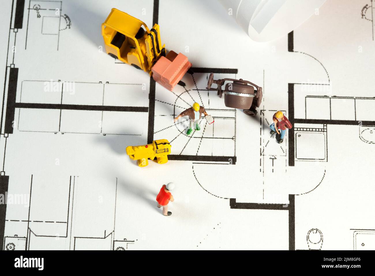 Construction site and blueprint Stock Photo