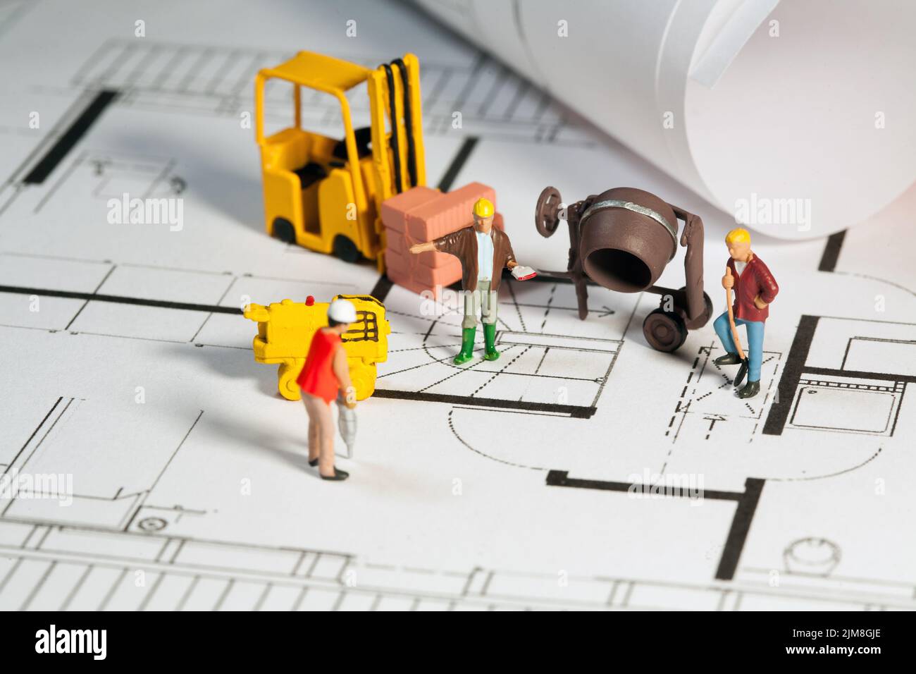 Construction site and blueprint Stock Photo