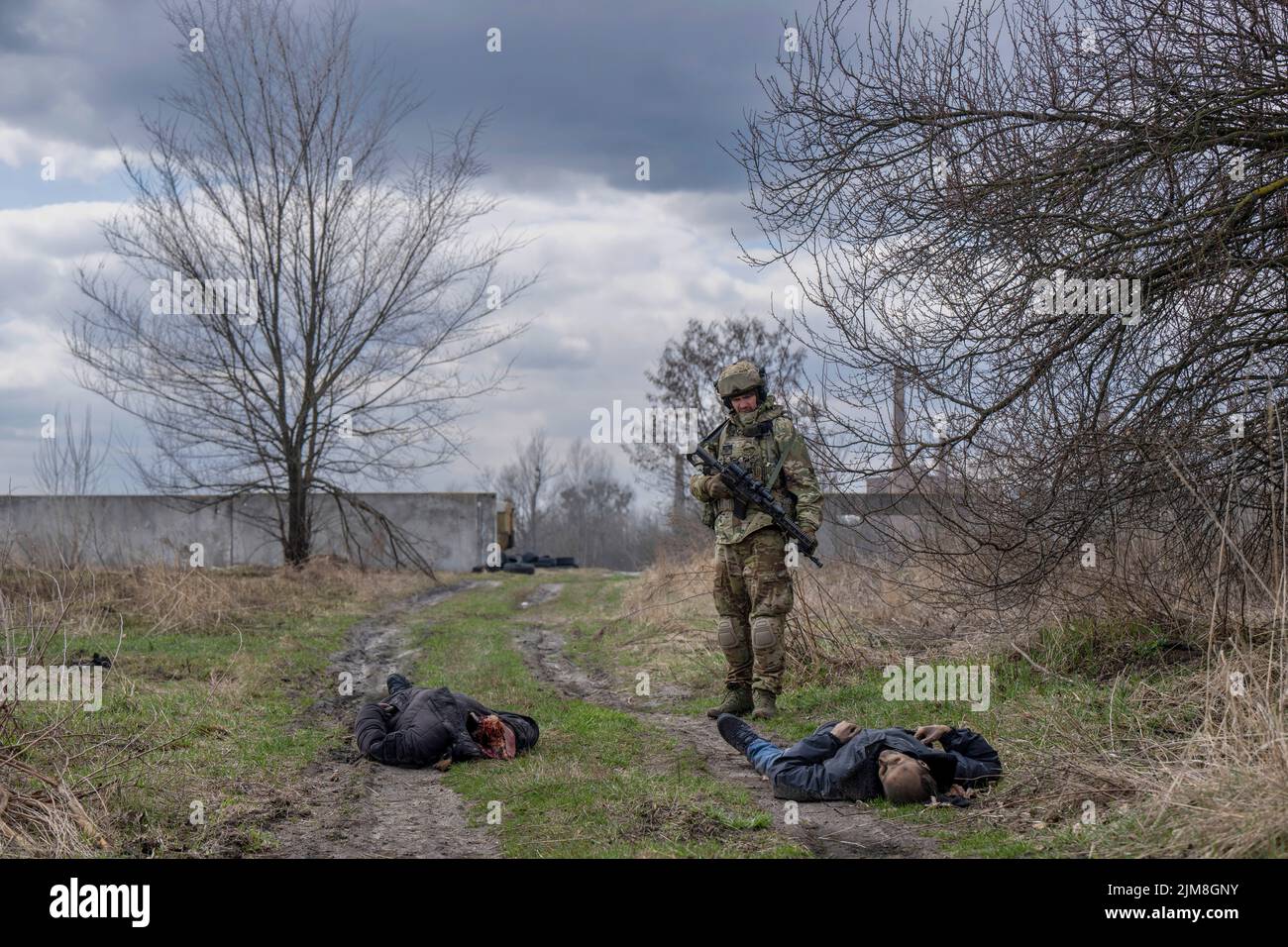 Bucha  Ukraine..  The town of Bucha in the Kyiv region which was recently liberated from the Russians Pic Shows Bodies lay around Bucha Stock Photo