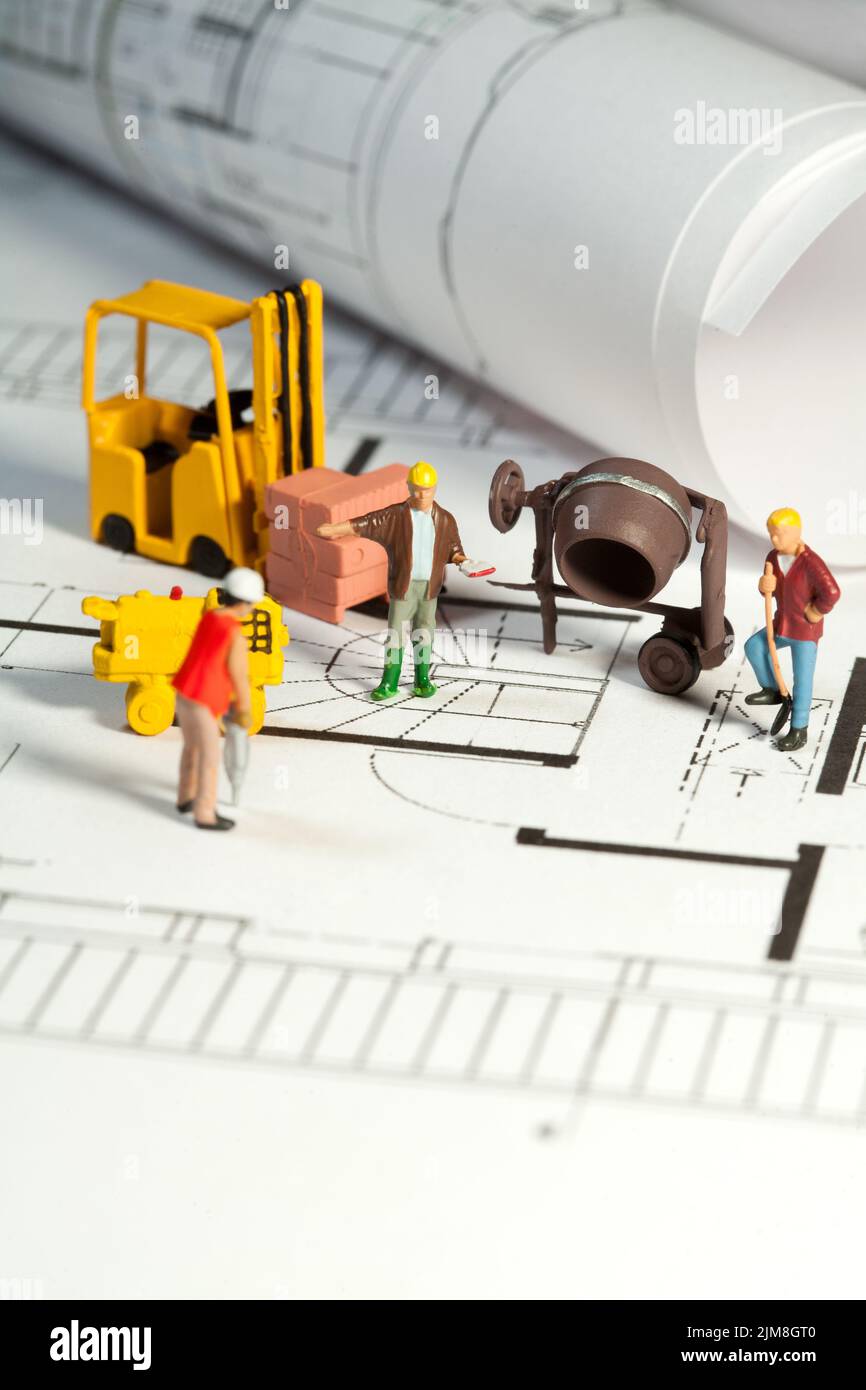 Construction site and blueprint Stock Photo