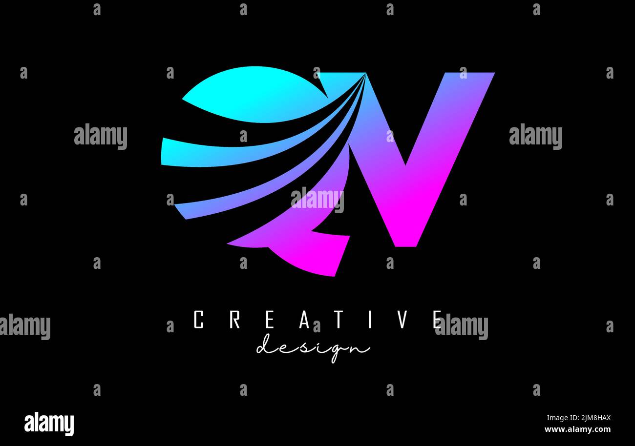 Creative colorful letter QV q v logo with leading lines and road