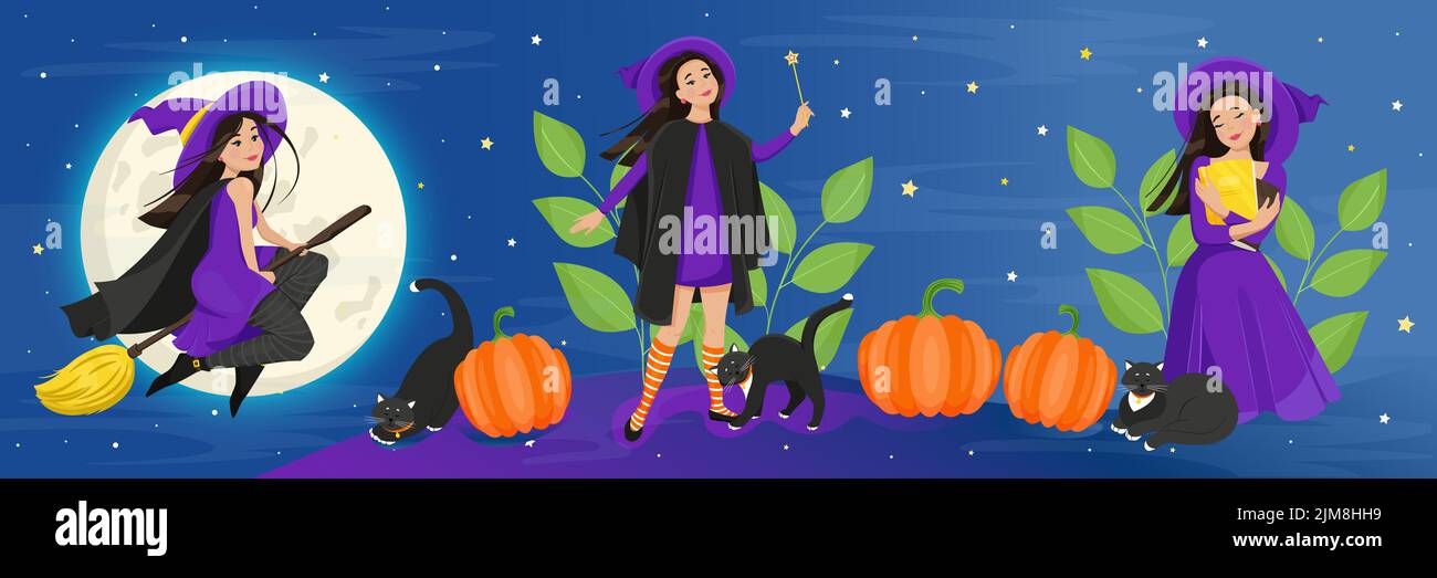 Female characters for Halloween set. A cute witch in a cloak and stockings flies on a broomstick, a black cat, pumpkins. Vector illustration Stock Vector