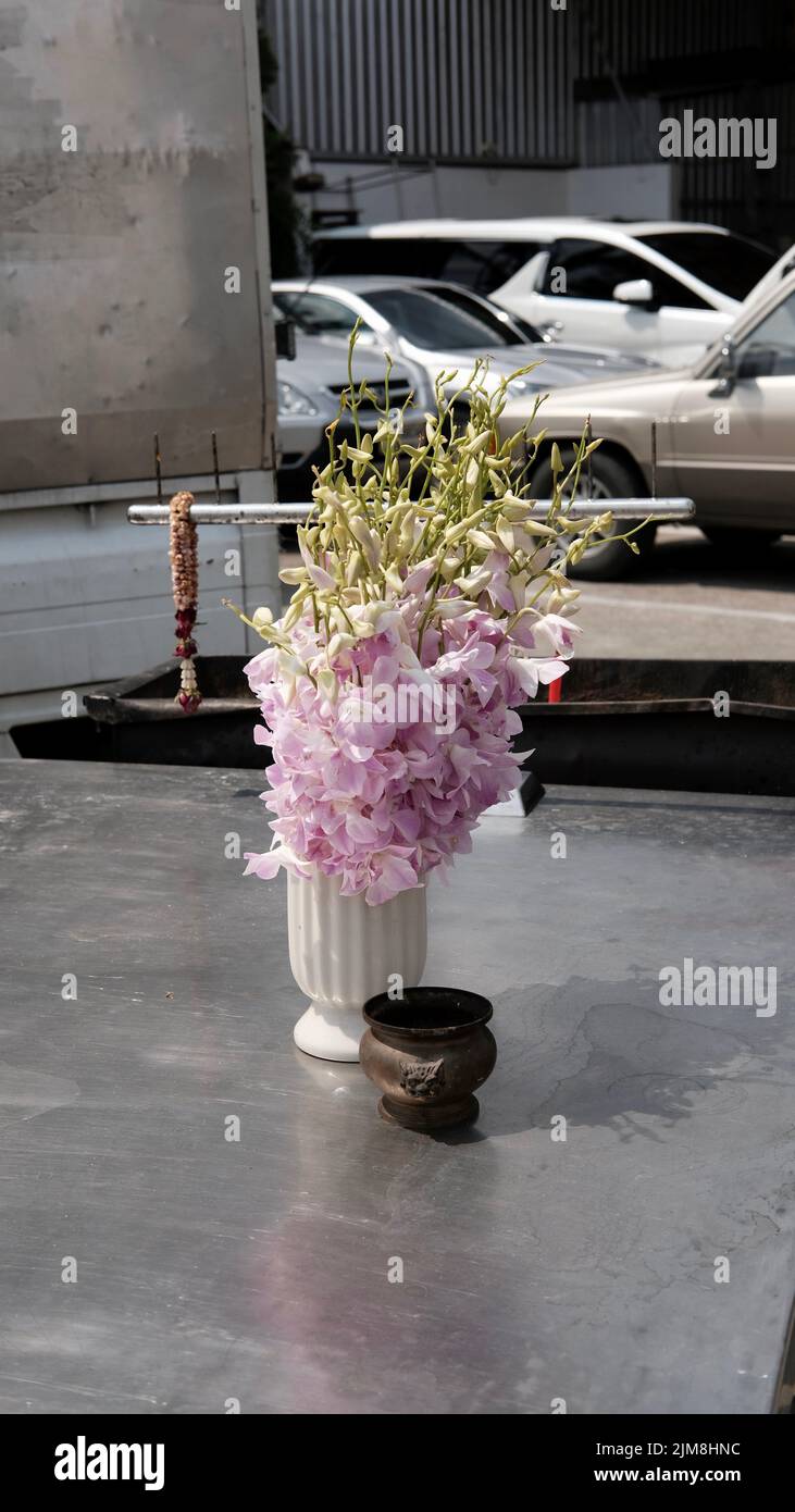 Natural Orchid in a vase on a porch Bangkok Thailand Stock Photo