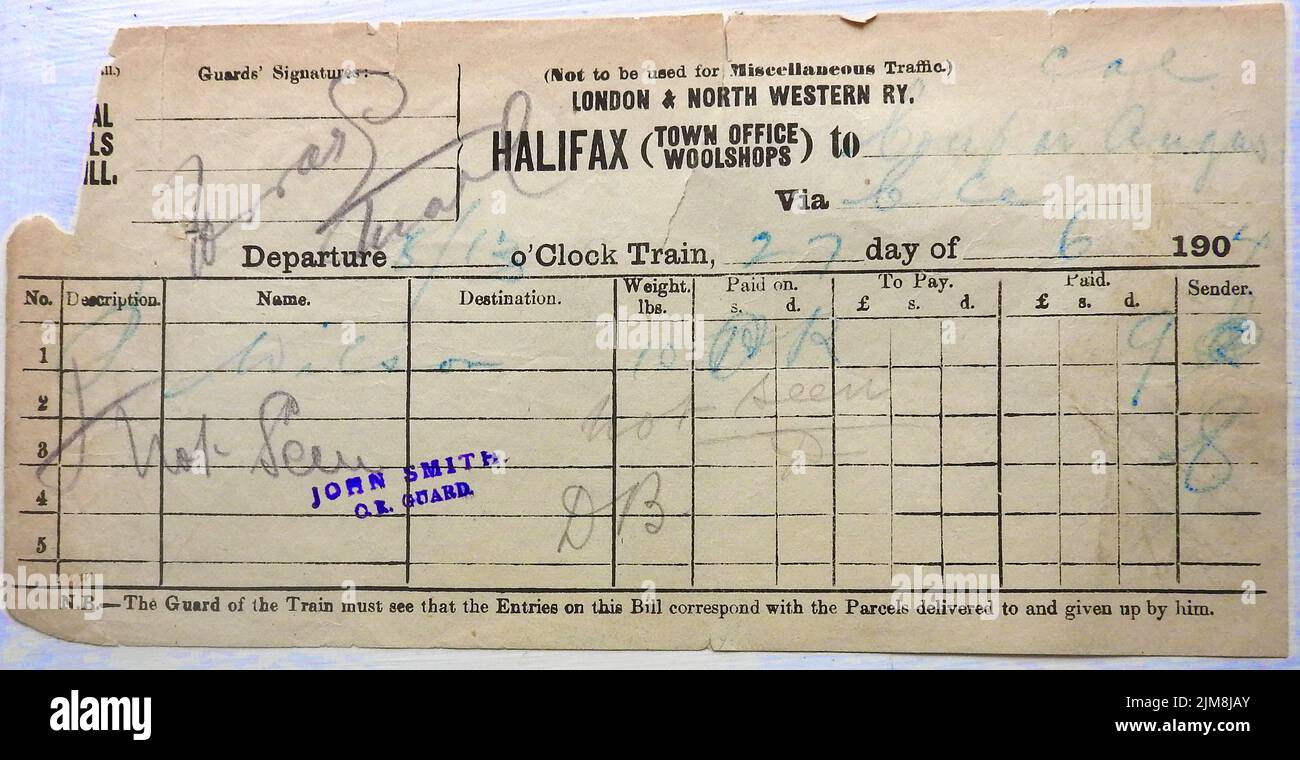 London and North Western Railway, - A  waybill (UK) from Halifax Town Office Woolshops 1904 Stock Photo