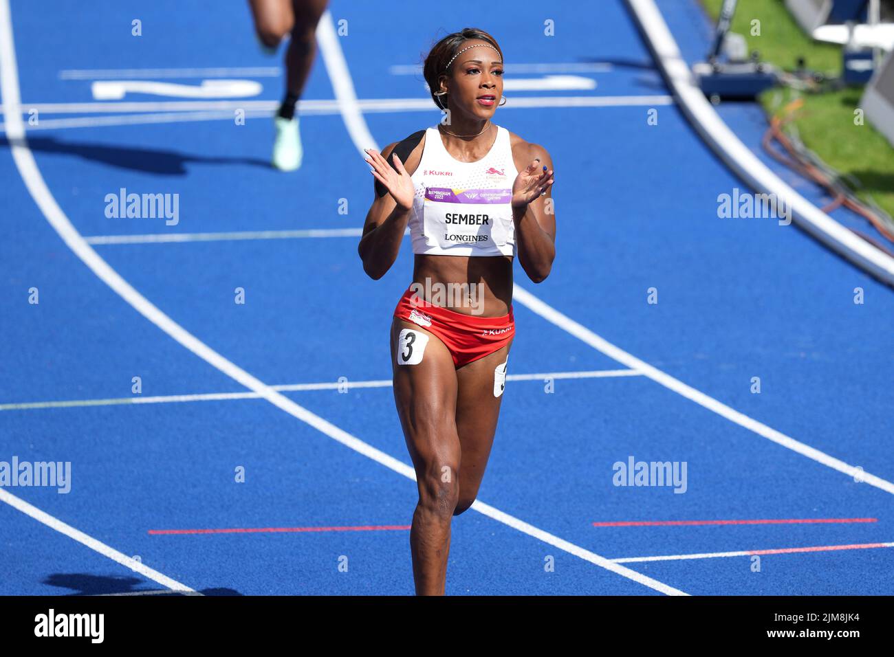 England's Cindy Sember finishes first in the Women's 100m Hurdles Round