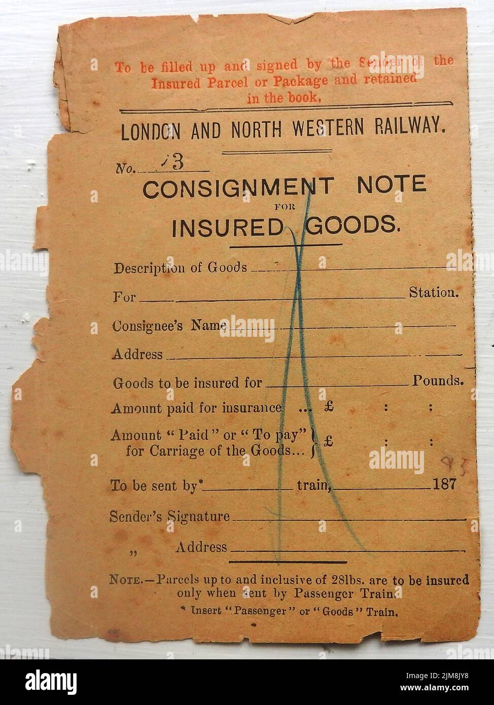 A London & North Western Railways consignment note for insured goods 1893. Stock Photo