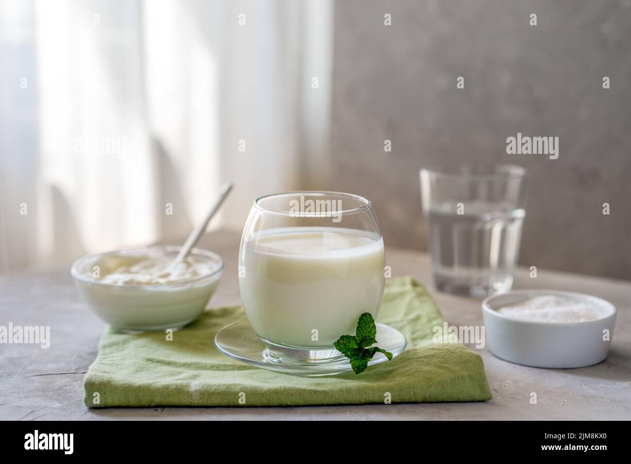 Ayran is a popular refreshing Middle Eastern beverage made with yogurt, water and salt Stock Photo