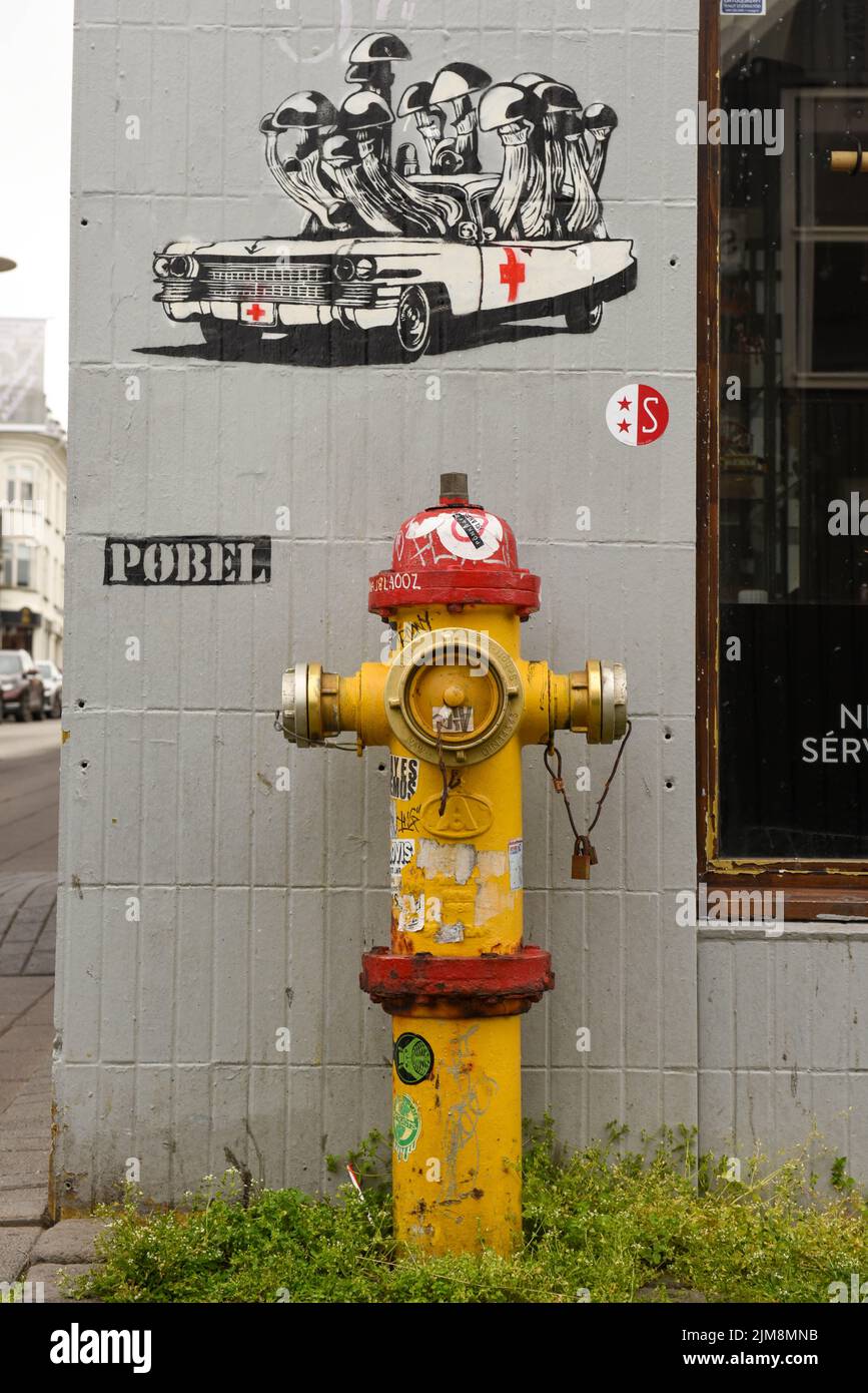 Reykjavik, Iceland - 10 July 2022: graffiti and fire hydrant at Reykjavik on Iceland Stock Photo