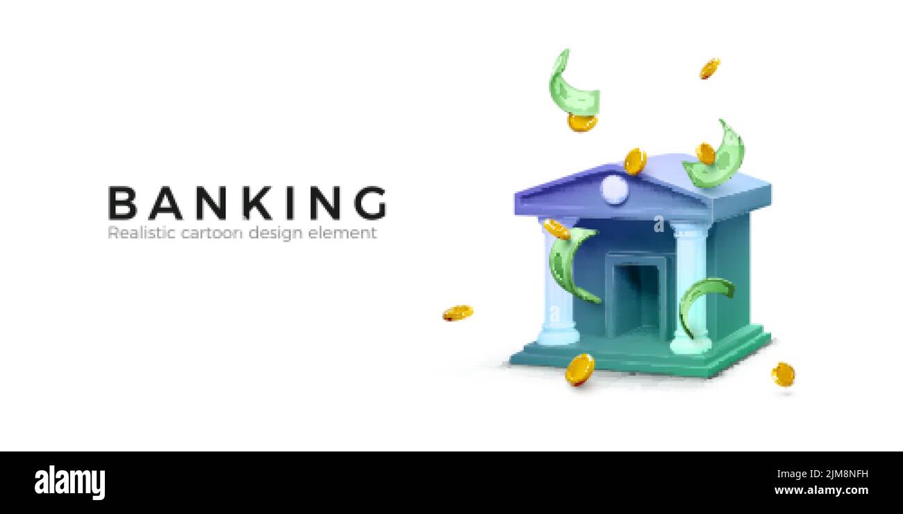 3D bank and falling green dollars and gold coins. Banner for banking app or service in realistic cartoon style. Business concept. Vector illustration Stock Vector