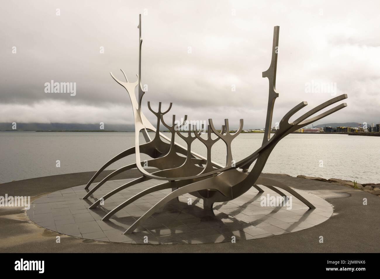 Sculpture of Solfar or Sun Voyager by the sea in the center of Reykjavik on Iceland Stock Photo