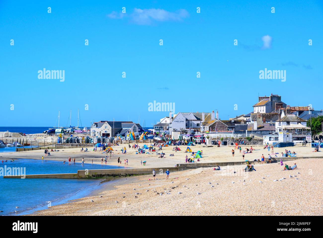 Lyme Regis, Dorset, UK. 5th Aug, 2022. UK Weather: Holidaymakers enjoy a relaxing morning on the beach at the seaside resort of Lyme Regis as the warm and sunny returns. Credit: Celia McMahon/Alamy Live News Stock Photo