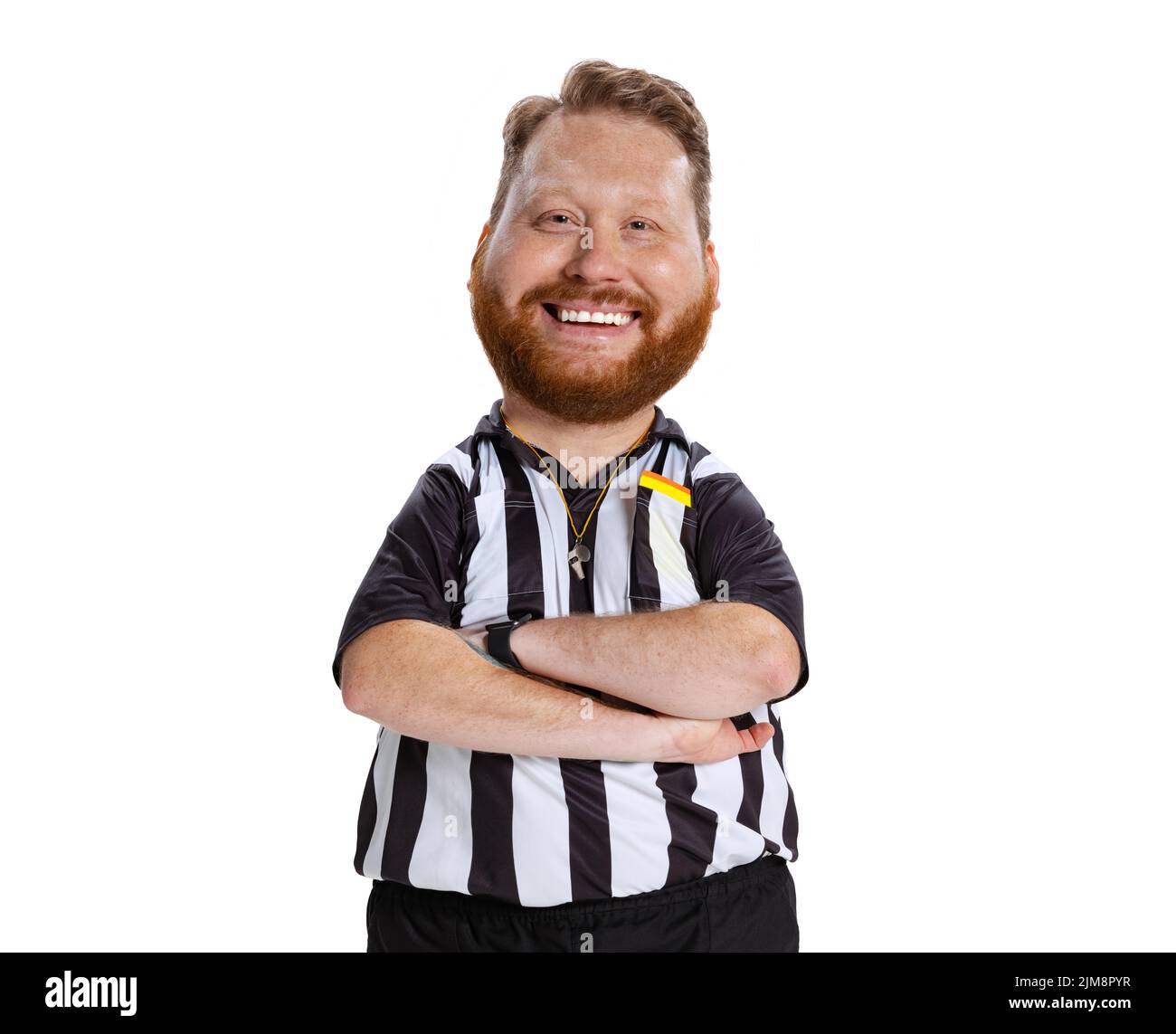 Happy referee. Funny man with a caricature face isolated over white  background. Cartoon style character with big head. Concept of sport, meme  emotions Stock Photo - Alamy