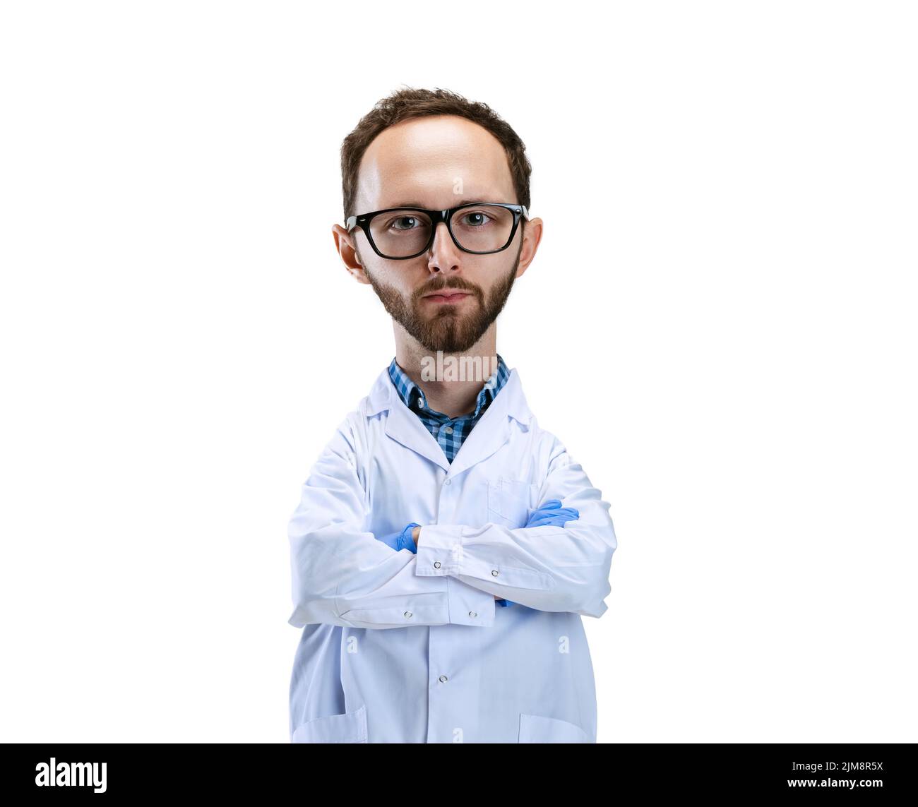 Serious scientist. Funny man with a caricature face isolated over white background. Cartoon style character with big head. Concept of business Stock Photo