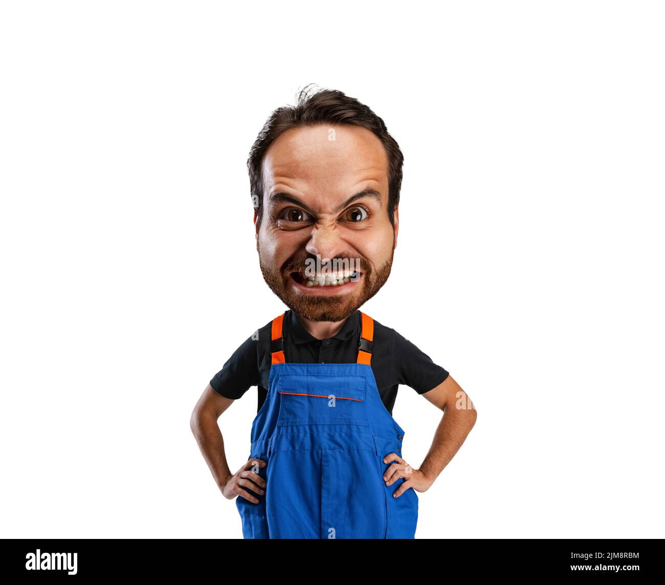 Angry auto mechanic. Funny man with a caricature face isolated over white background. Cartoon style character with big head. Concept of business Stock Photo