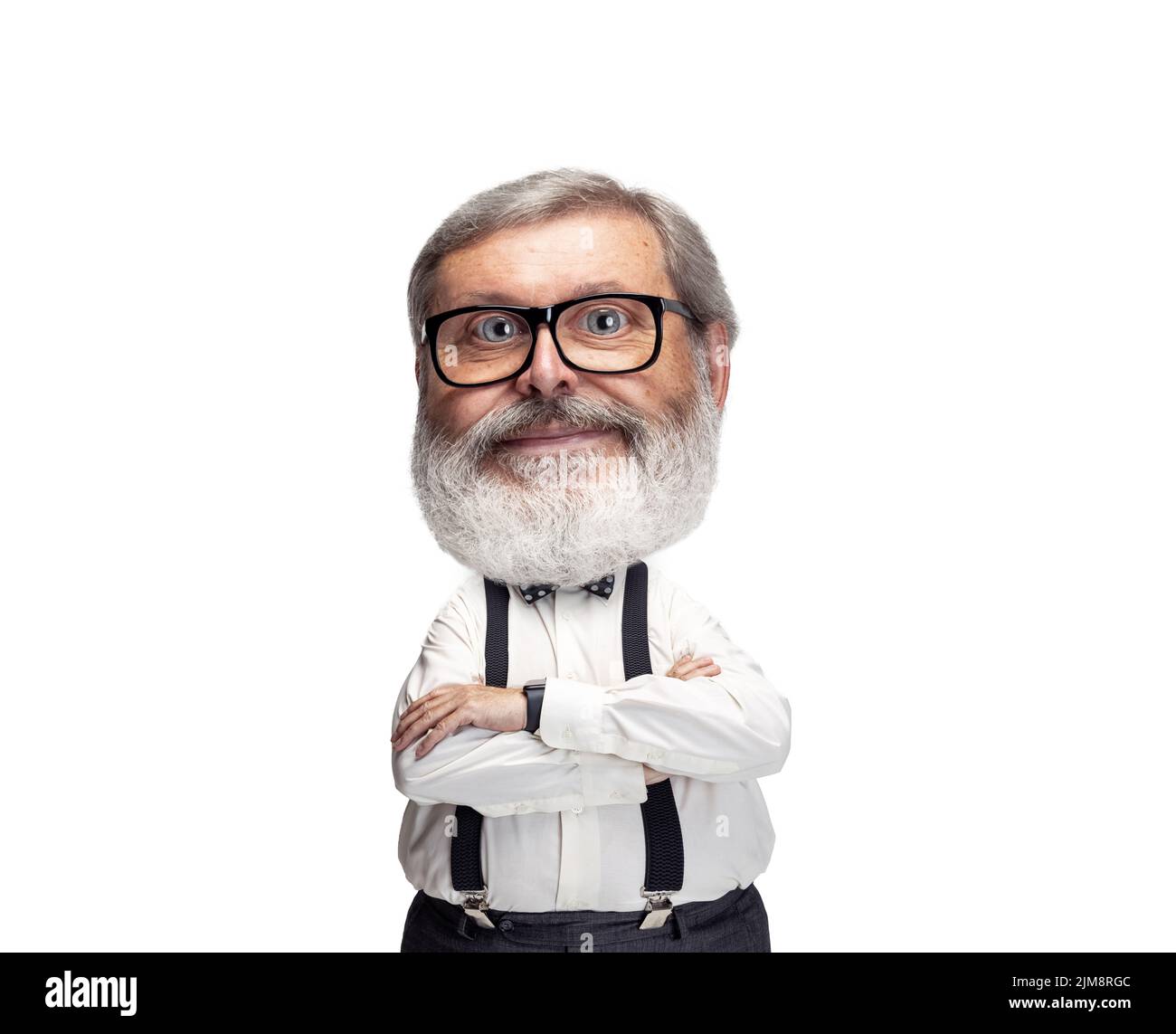 Kind professor. Funny man with a caricature face isolated over white background. Cartoon style character with big head. Concept of business, humor Stock Photo