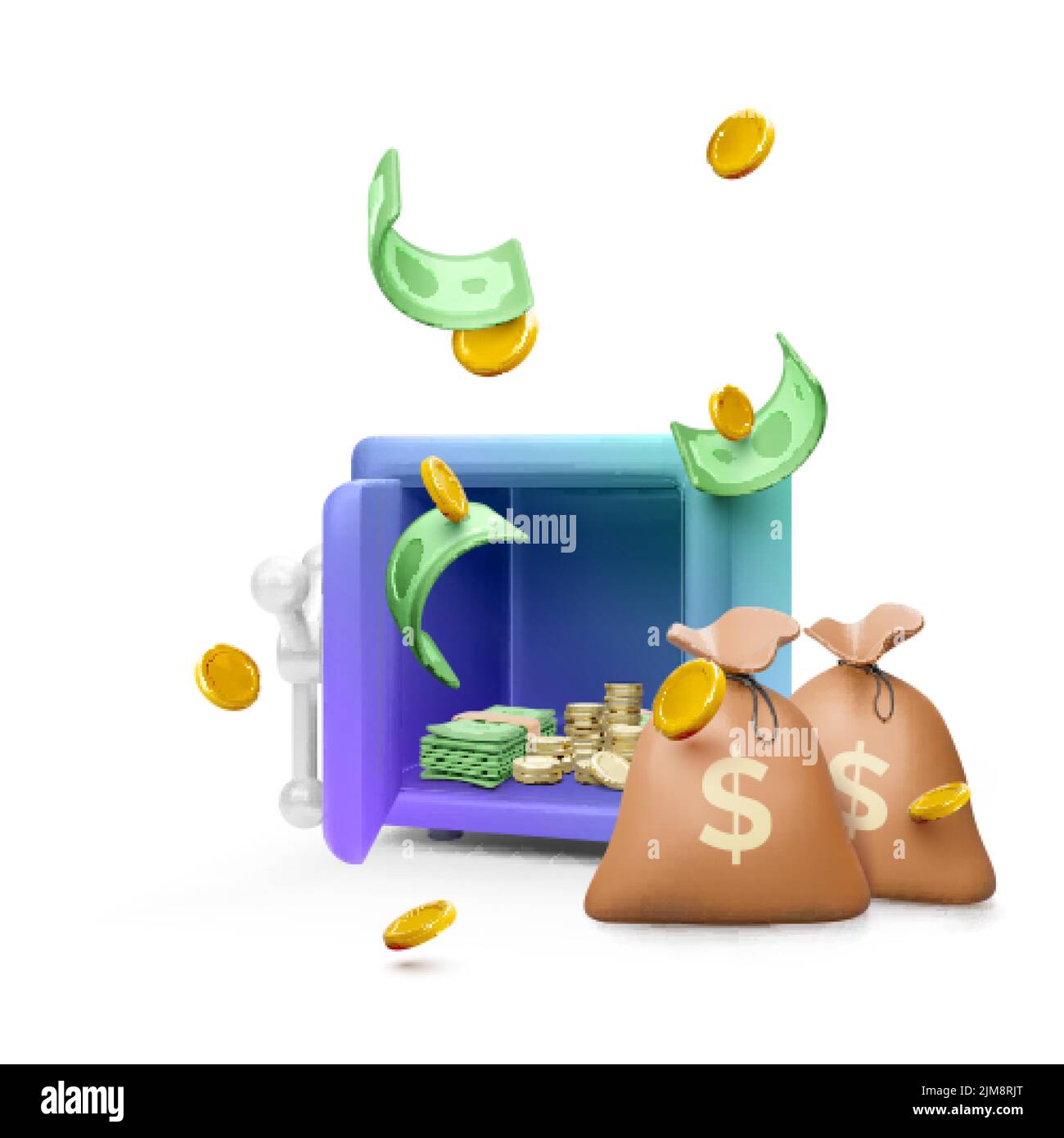 Money safe with open door and paper bills and gold coin inside and money bags next. Falling green dollars and coins in realistic cartoon style. Vector Stock Vector