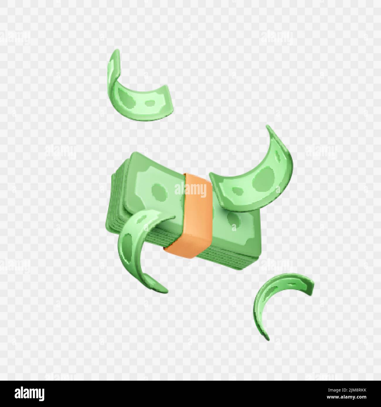 Wad of cash and falling green paper dollars. Falling money template in realistic cartoon style. Business profit or casino jackpot win. Vector illustra Stock Vector