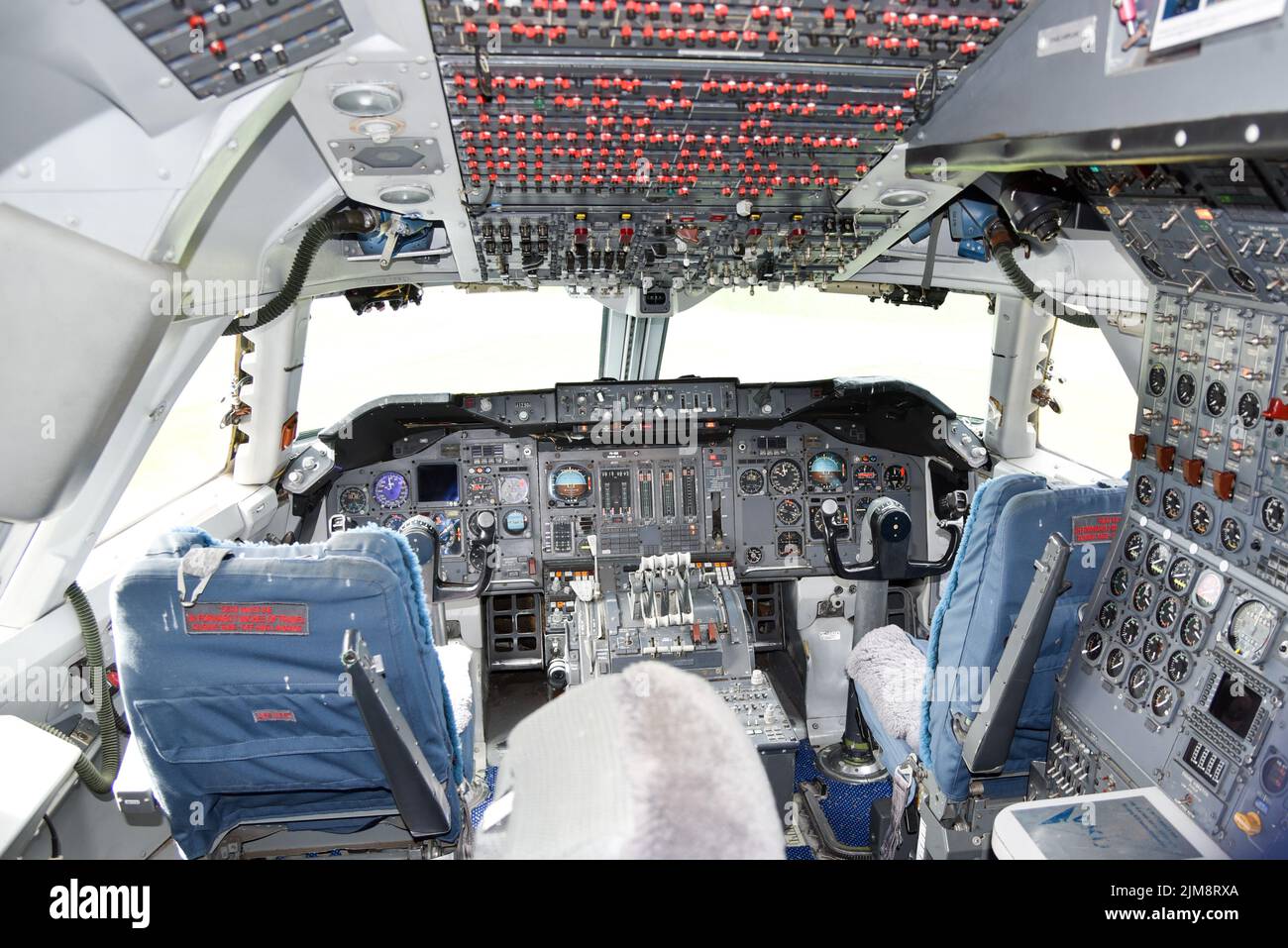 Lelystad, Netherlands. July 2022. Close up of the instruments of the cockpit of a Boeing 747. High quality photo Stock Photo