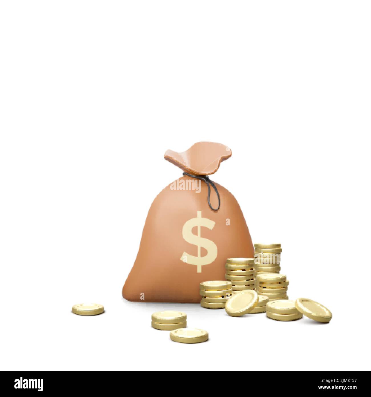 Money bag with dollar sign and gold coins stack. 3D realistic business cartoon design element. Vector illustration Stock Vector
