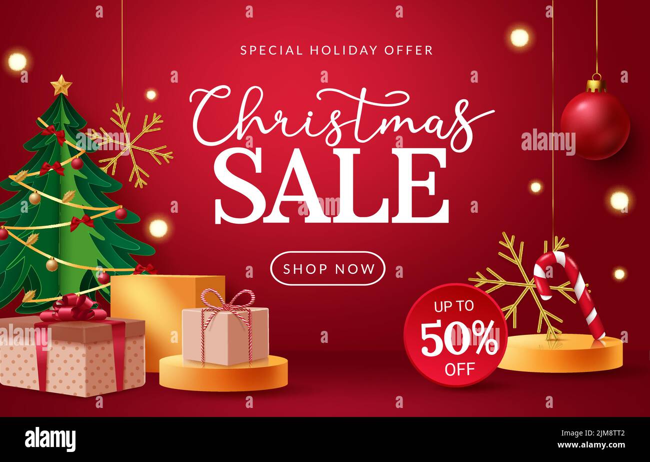 Christmas sale vector design. Christmas sale text with special holiday offer up to 50% off with christmas tree, gift and snow flakes element. Stock Vector