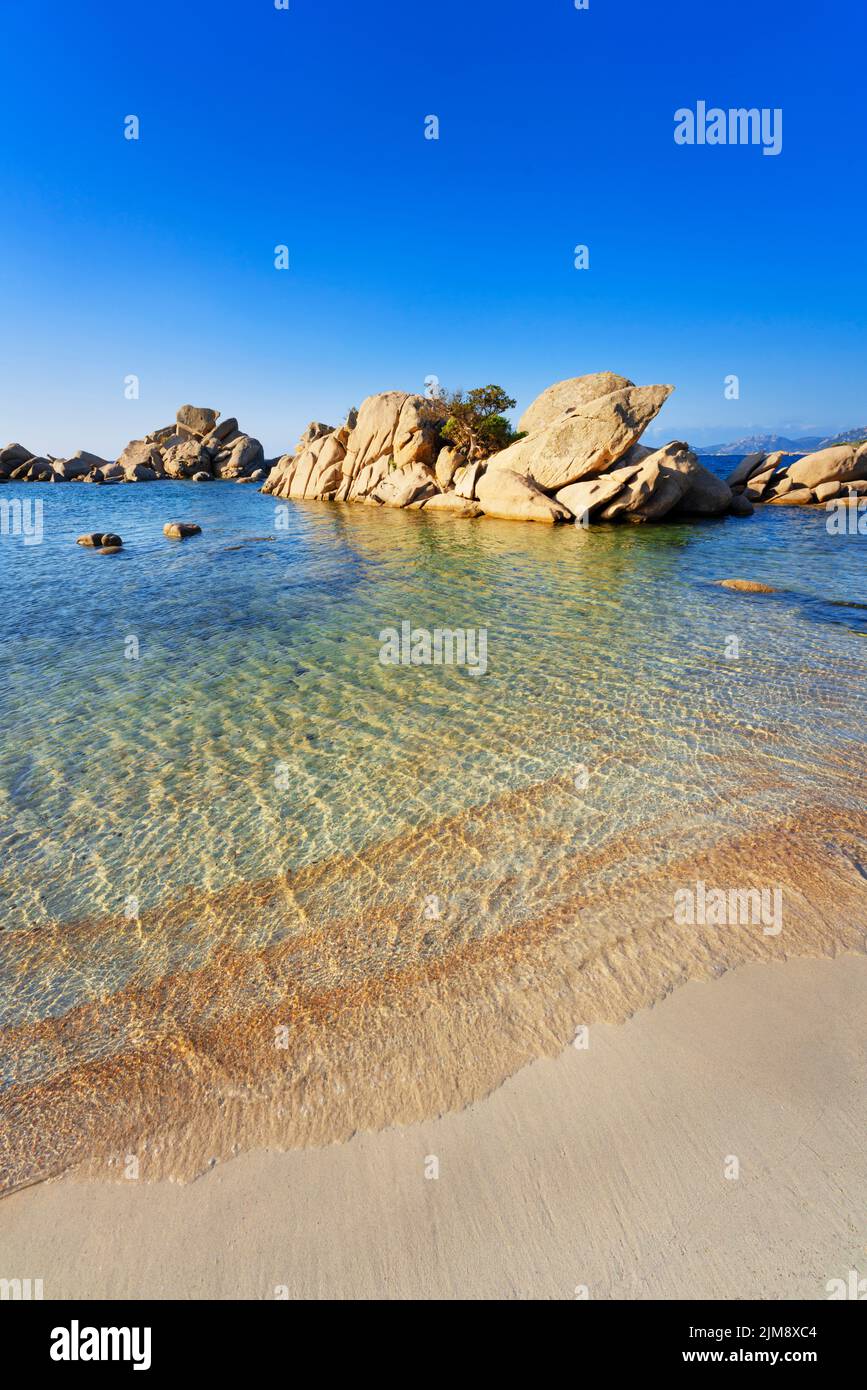 Vertical view of rocks at Palombaggia beach, Porto Vecchio, Corsica Stock Photo