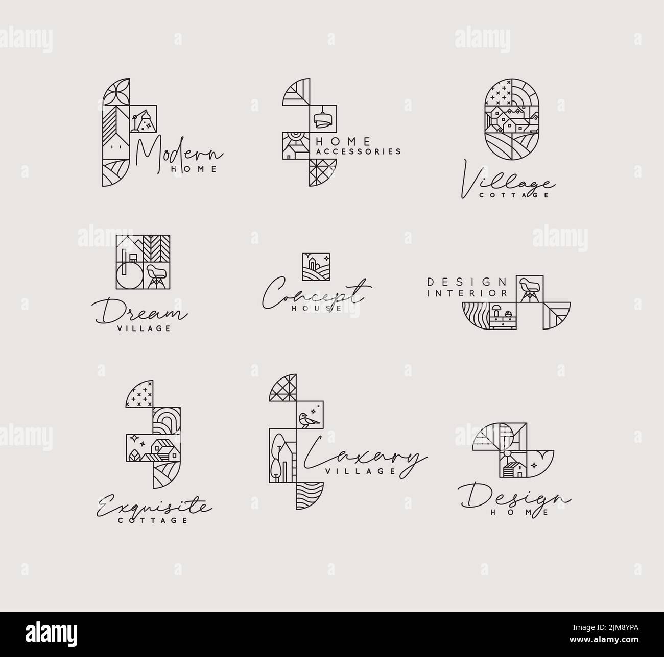 Set of creative modern art deco labels in flat line style drawing on gray background. Stock Vector