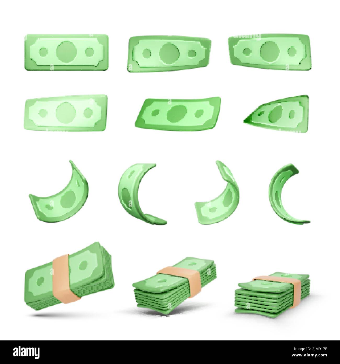 Realistic money set. Collection of 3D green dollars isolated on white background. Twisted paper bills and stack of currency banknotes. Business and fi Stock Vector