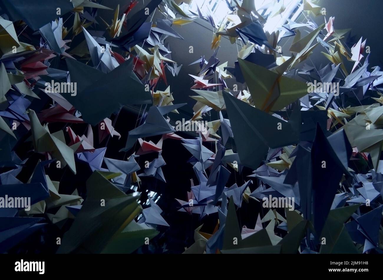 Handmade colored origami paper cranes on ceiling strings under light