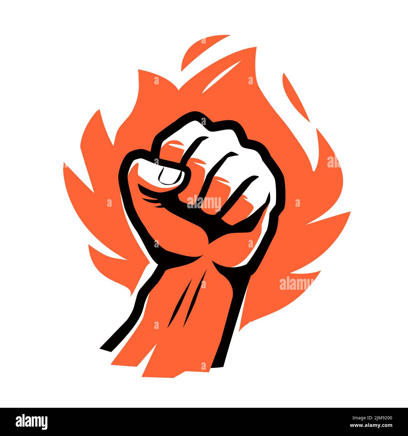 Flaming red fiery fist emblem. Clenched fist in burning fire badge or logo. Symbol strength, power vector illustration Stock Vector