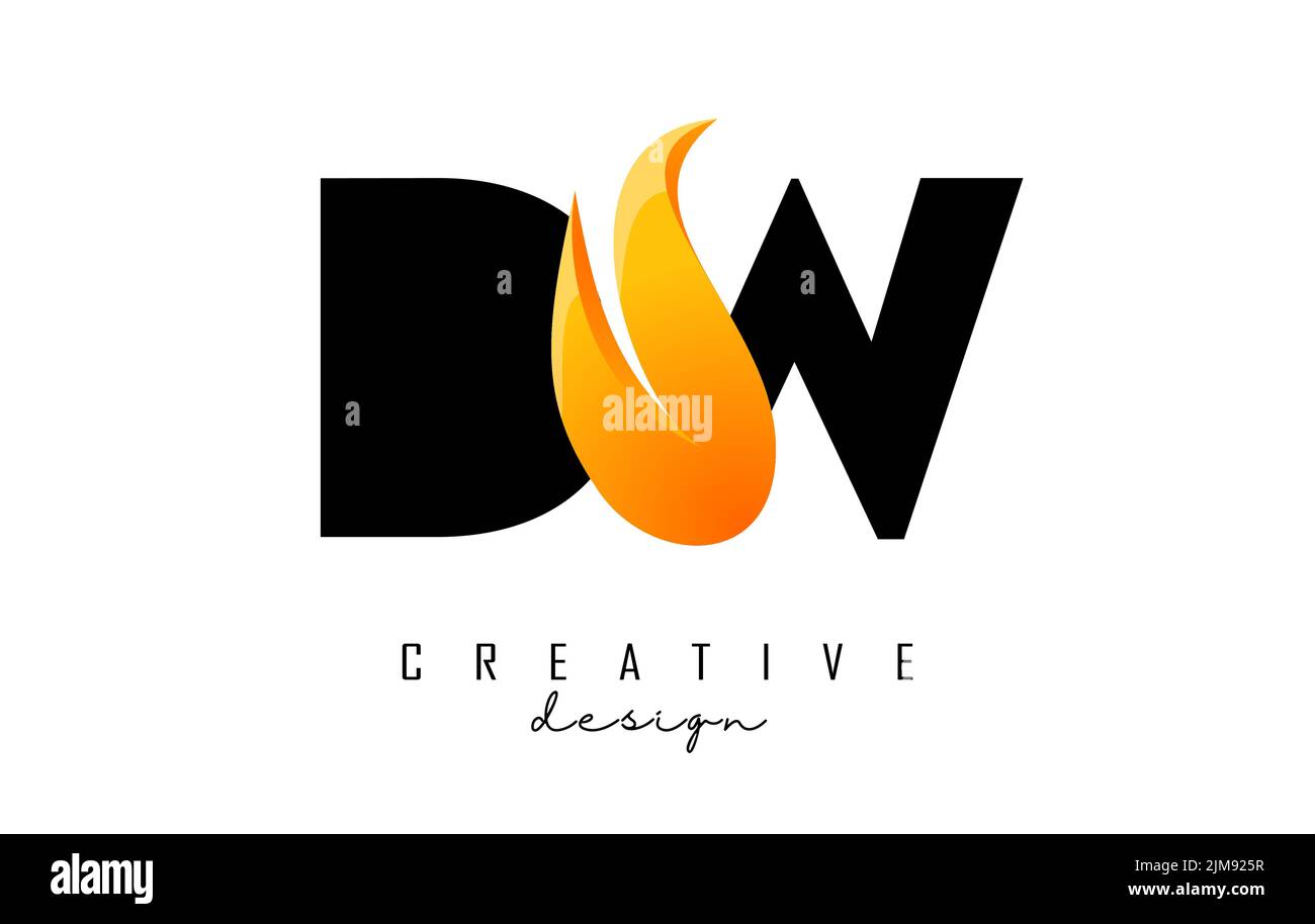 Vector illustration of abstract letters DW d w with fire flames and Orange Swoosh design. Letters logo with creative cut and shape. Stock Vector