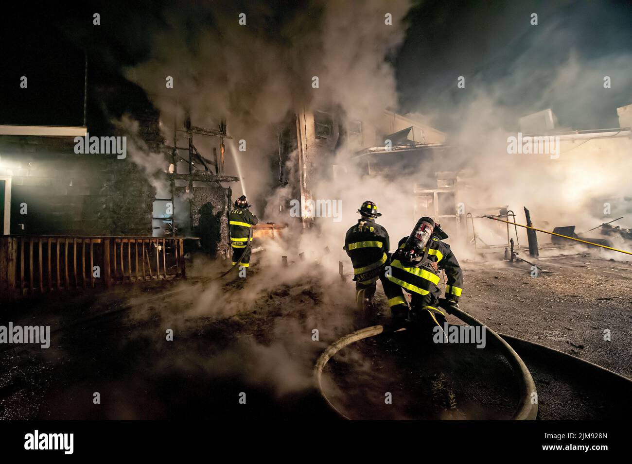 At 3:23 a.m. on April 24th, 2015, the East Hampton Fire Department was dispatched to a working structure fire in the rear of the JCrew store at 14 Mai Stock Photo