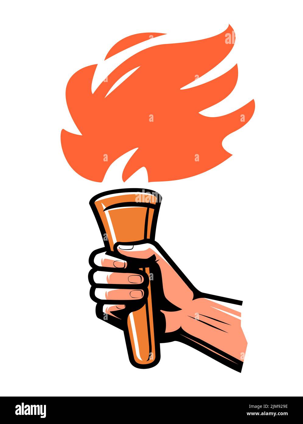 Torch with blazing fire in hand emblem isolated. Flaming torch badge. Symbol of achievement and victory in sports Stock Vector