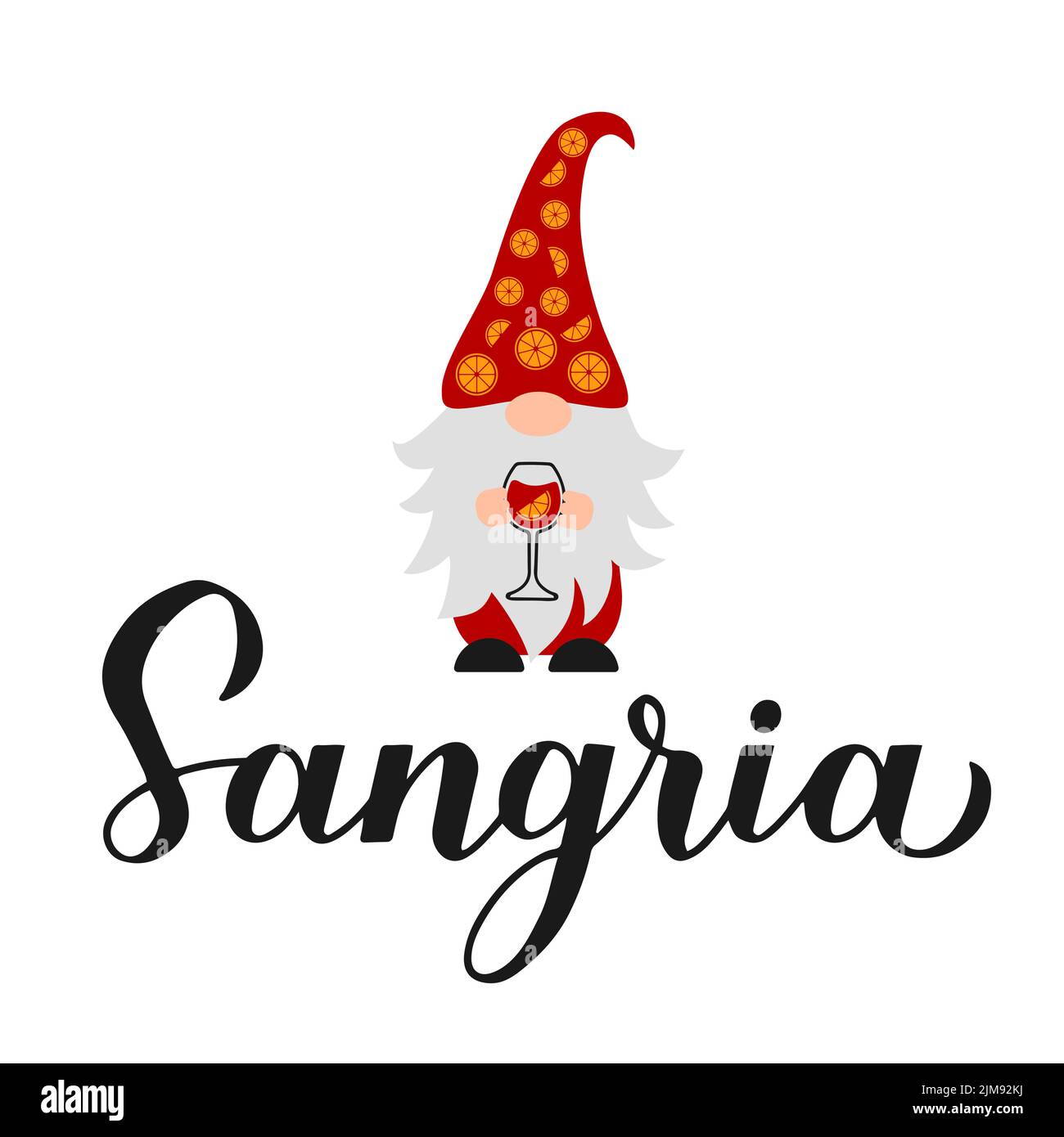 Sangria calligraphy hand lettering with cute gnome holding wine glass. Spanish summer drink. Vector template for bar, restaurant, winery decorations Stock Vector