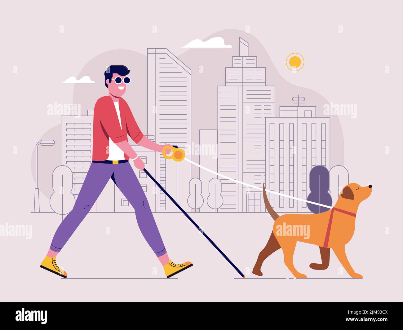 Modern Blind Man Walking with Guide Dog Stock Vector