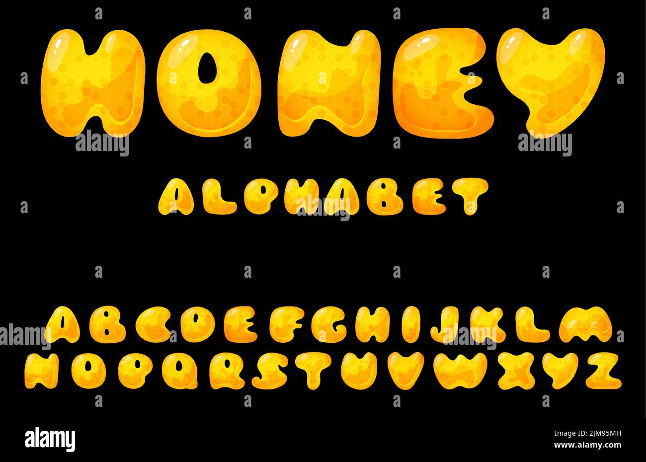 Honey sweet font. Liquid honey cartoon alphabet, Yellow