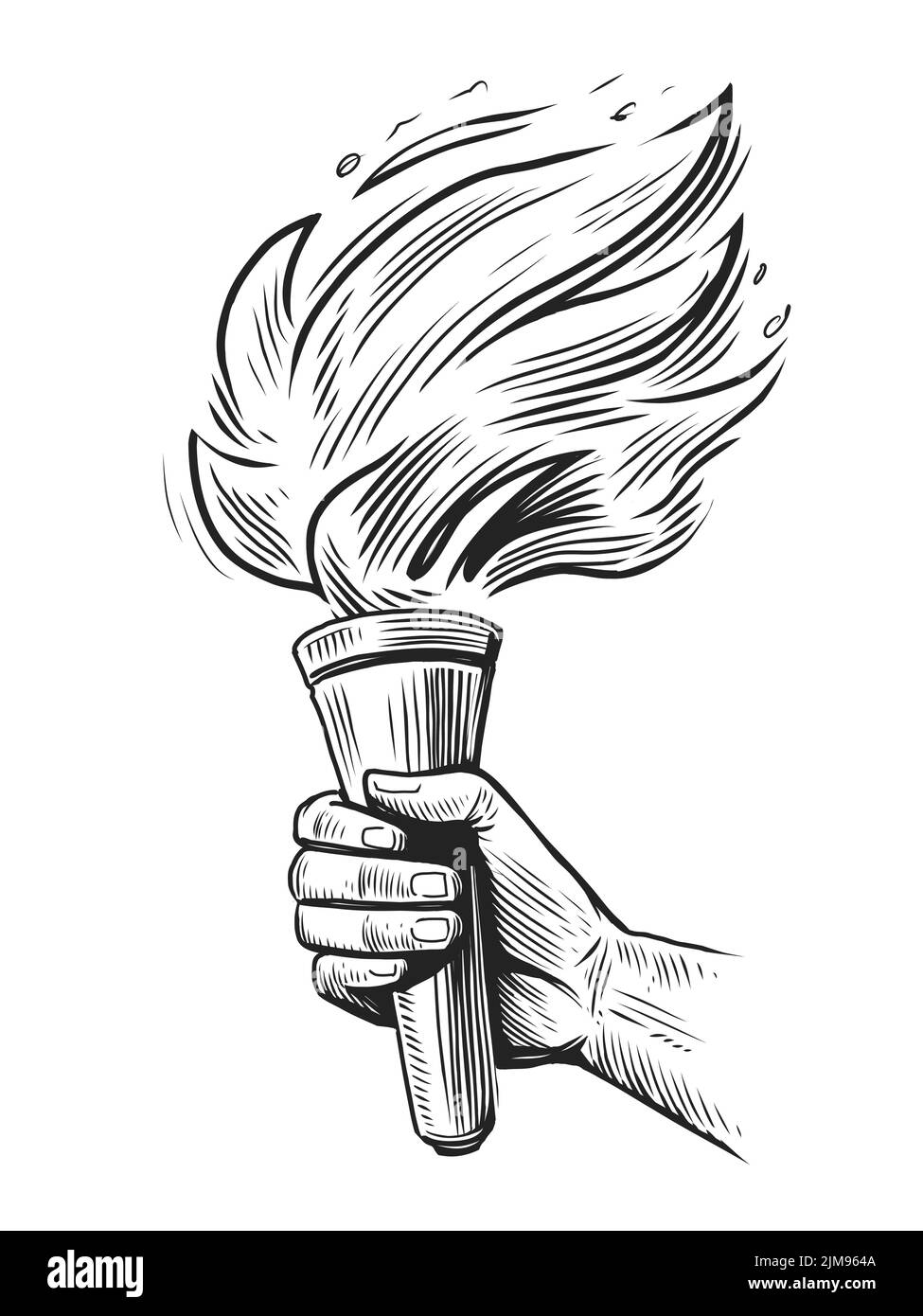 Torch with flaming fire in hand sketch. Shining torch on raised hand isolated. Vector illustration in engraving style Stock Vector