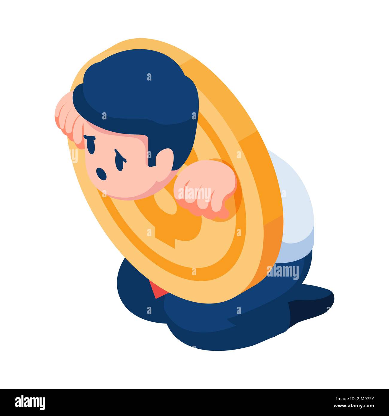 Flat 3d Isometric Businessman Stuck in Dollar Coin. Debt and Financial Concept. Stock Vector