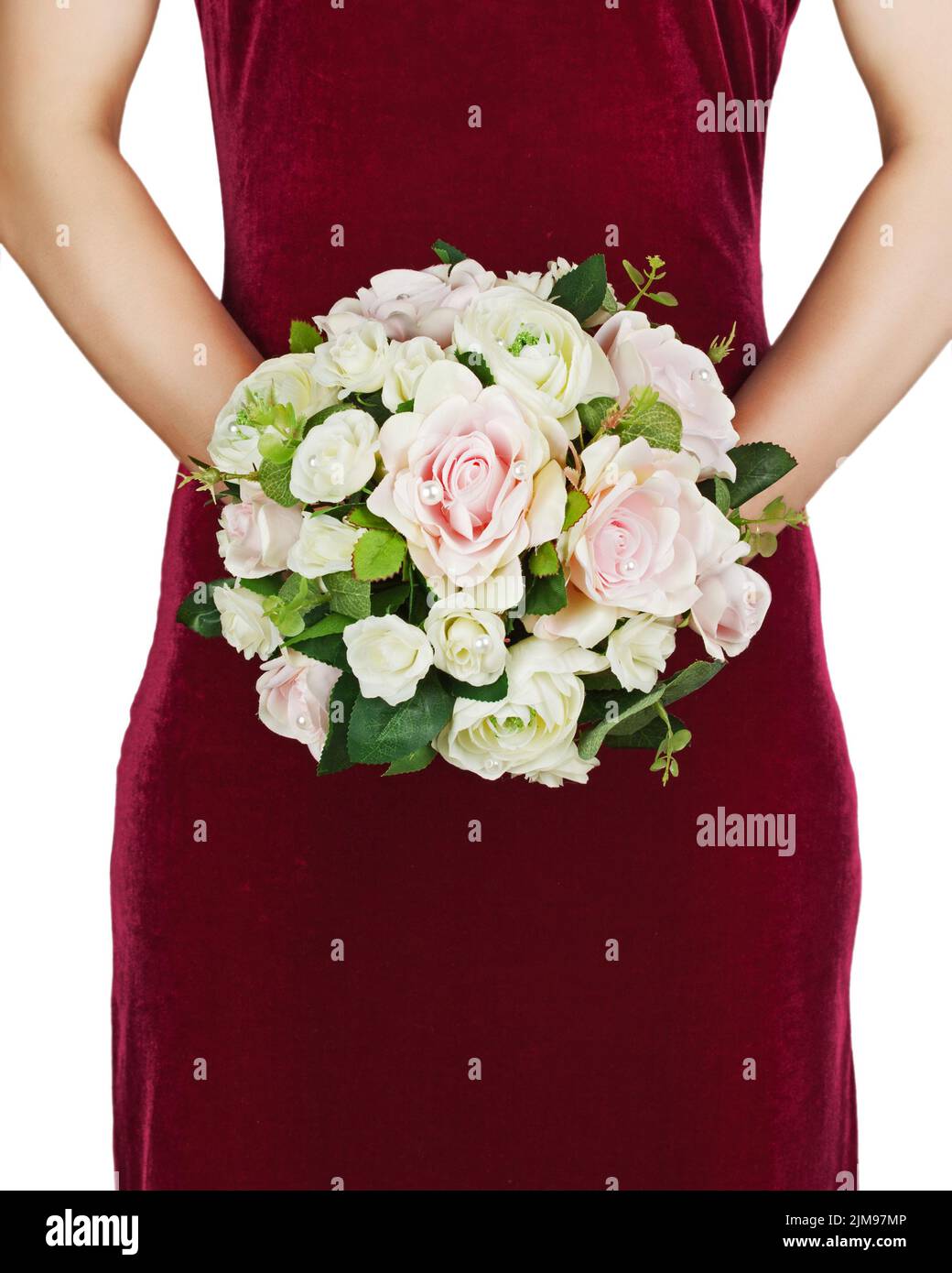 Wedding bouquet from white and pink roses in hands of bride Stock Photo ...