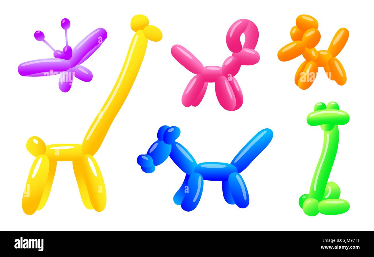 Cute balloon toys in shape of animals vector illustrations set. Collection of prints with dog and butterfly made from latex balloons for party on whit Stock Vector