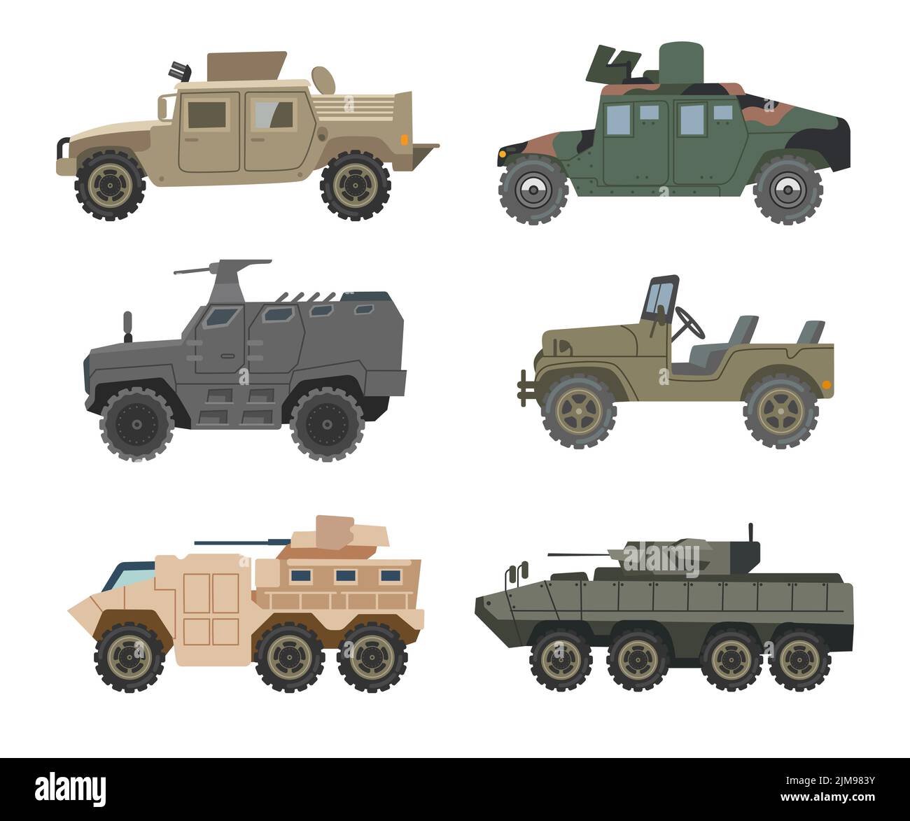 Different military vehicles vector illustrations set. Collection of drawings of armored cars, trucks, tanks, Humvee for armed forces on white backgrou Stock Vector