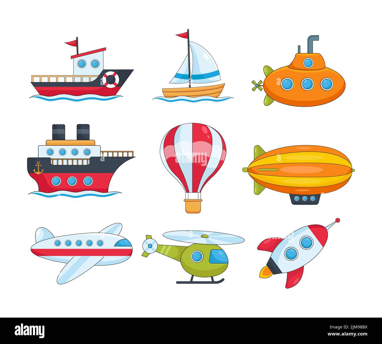 Different water and air transport vector illustrations set. Collection of cartoon drawings of boat, flying plane, helicopter, space ship, airship isol Stock Vector