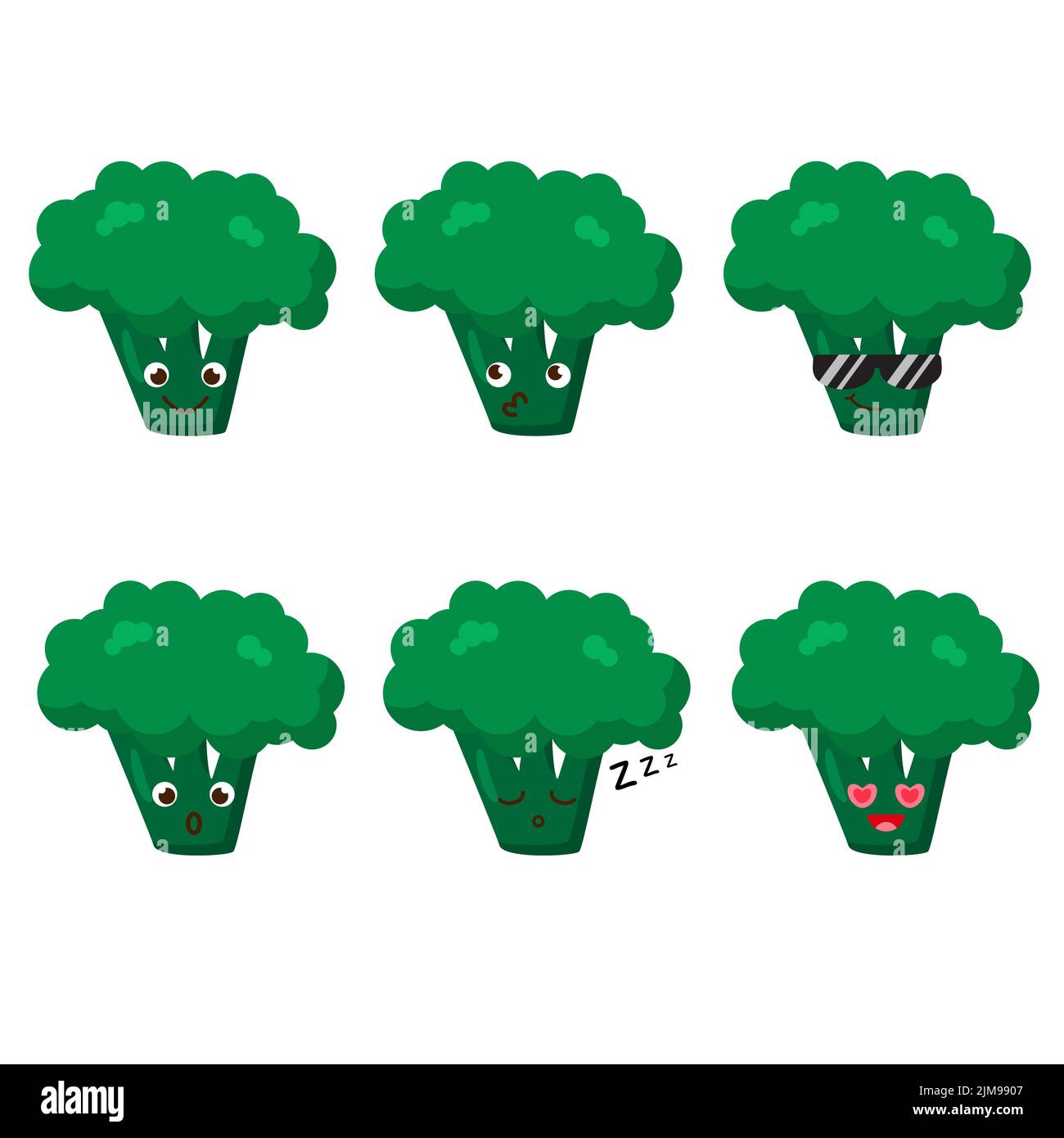 Set of broccoli emojis. Kawaii style icons, vegetable characters. Vector illustration in cartoon flat style. Set of funny smiles or emoticons. Good Stock Vector